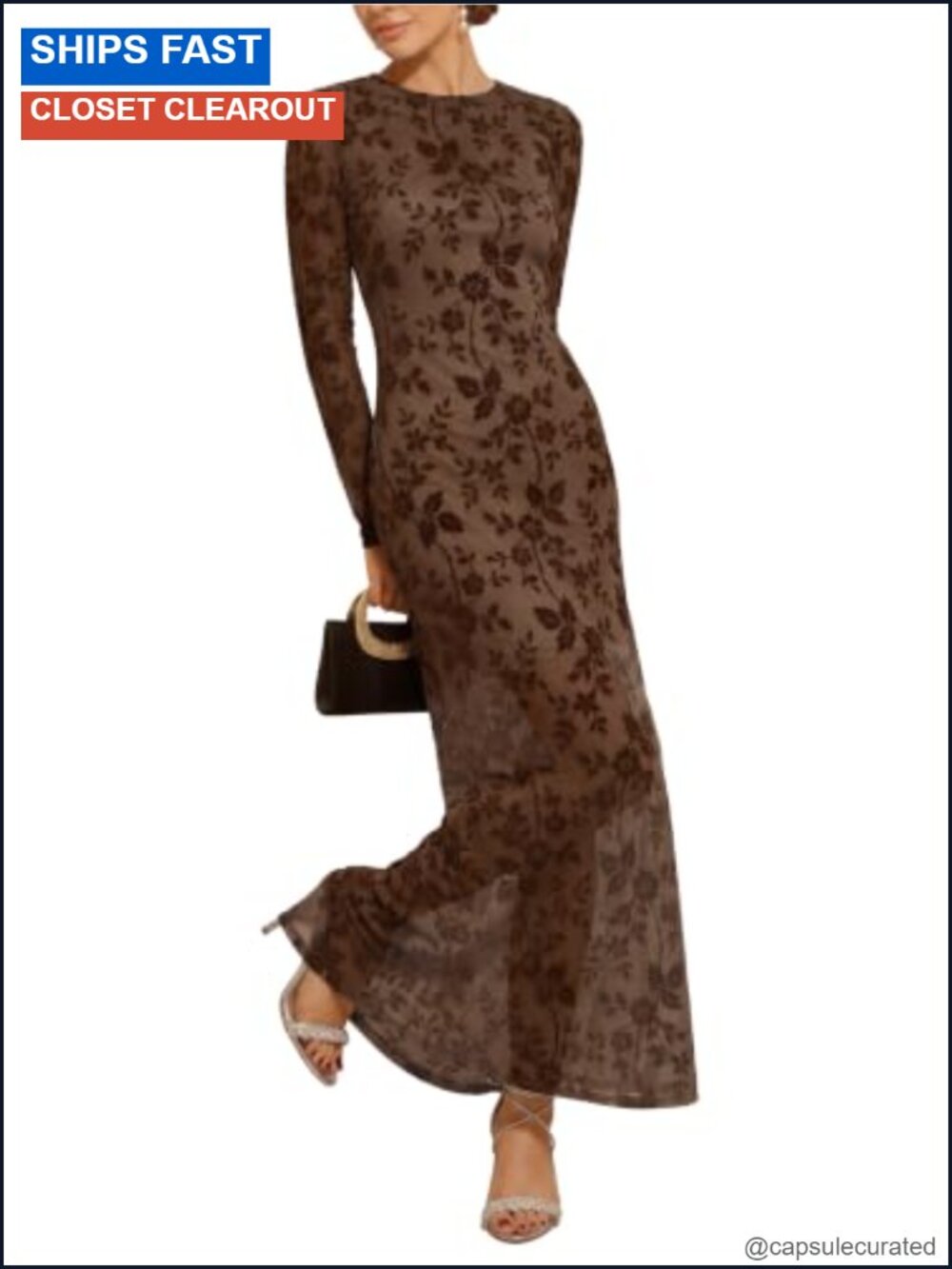Caracilia Womens Flocked Mesh Bodycon Maxi Dress Long Sleeve Wedding Guest
